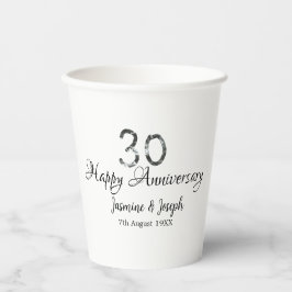 Vasos De Papel Silver Metallic 30th Feliz aniversario añada nombr