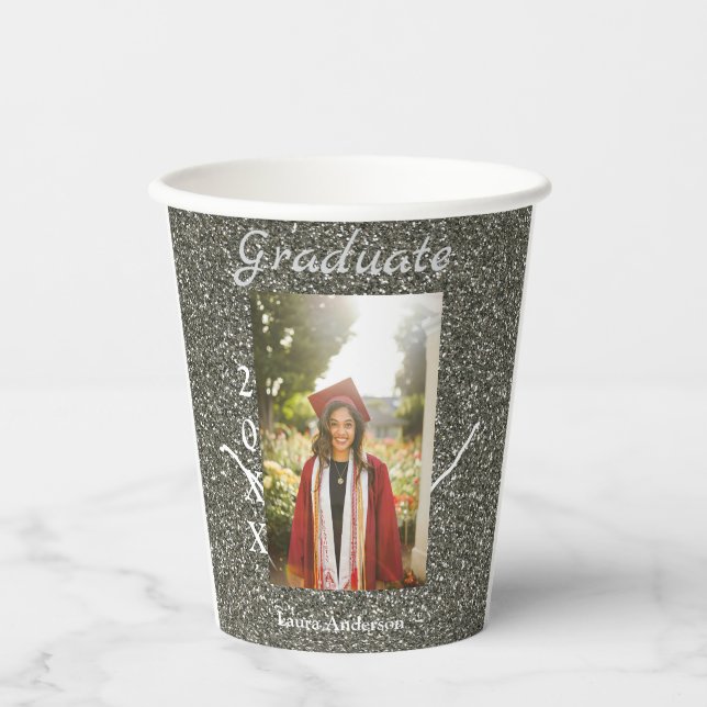 Vasos De Papel Silverglitter foto graduación agregar texto de cla (Anverso)