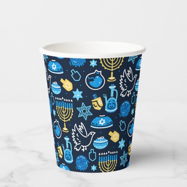 Vasos De Papel Símbolos de Hanukkah Patrón azul (Anverso)