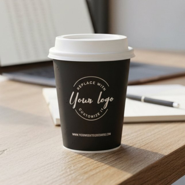 Vasos De Papel Simple Black Minimalist Business logo QR code  (Custom business logo, website, 
QR code paper cup.)