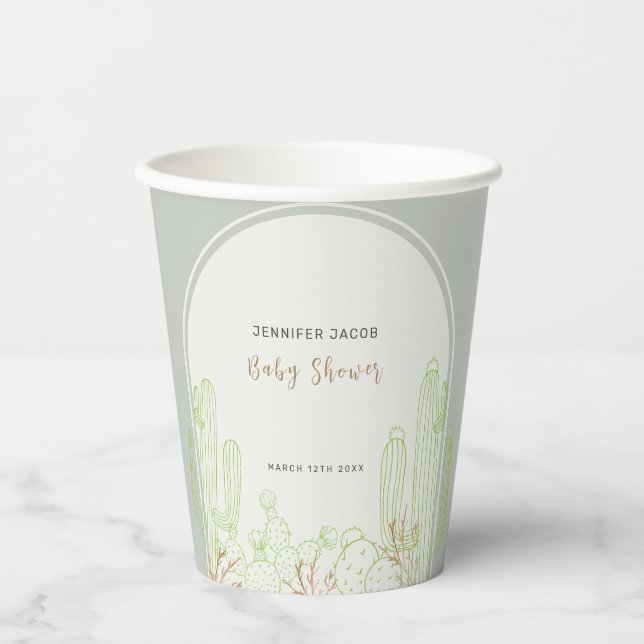 Vasos De Papel Simple Boho Cactus Line Art Arch Baby Shower (Anverso)