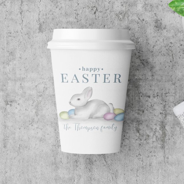Vasos De Papel Simple Pastel Happy Easter Bunny Typography (Easter watercolor cottontail bunny with easter eggs disposable paper cup.)