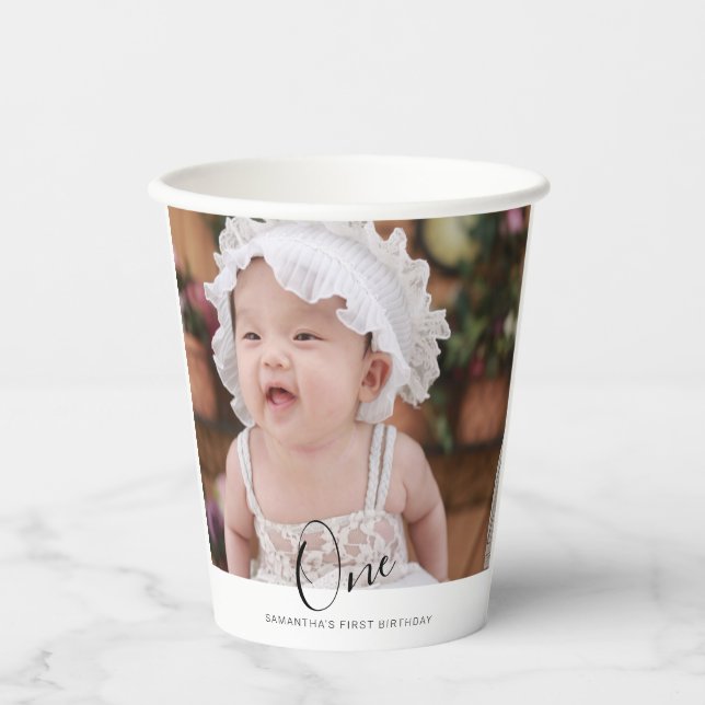 Vasos De Papel Simple Typography Photo First Birthday (Anverso)