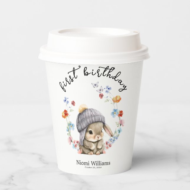 Vasos De Papel Simple Wildflower Woodland Bunny 1st Birthday  (Anverso)