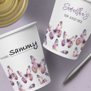 Vasos De Papel Sip y See Butterfly Theme Purple Personalizado