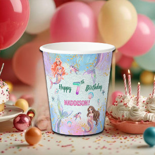 Vasos De Papel Sirenas de purpurina rosa y morado para cumpleaños