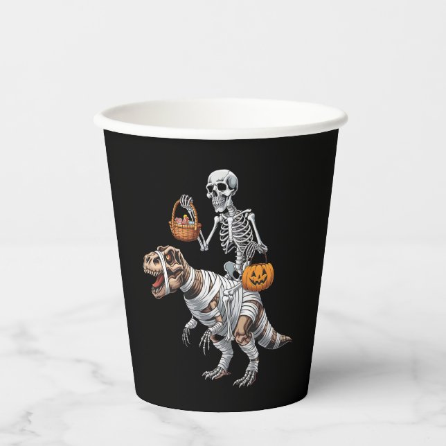 Vasos De Papel Skeleton Riding Mummy Dinosaur T rex Halloween Div (Anverso)