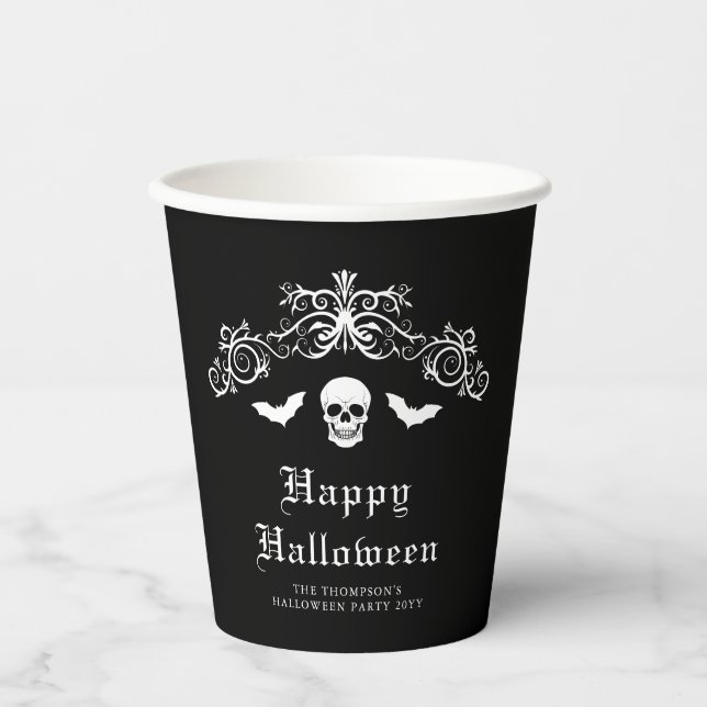 Vasos De Papel Skull Y Bats Gothic Feliz Halloween Negro (Anverso)
