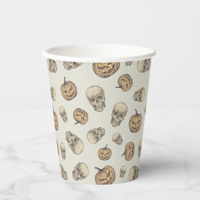 Vasos De Papel Skulls y calabazas Patrón Halloween (Anverso)
