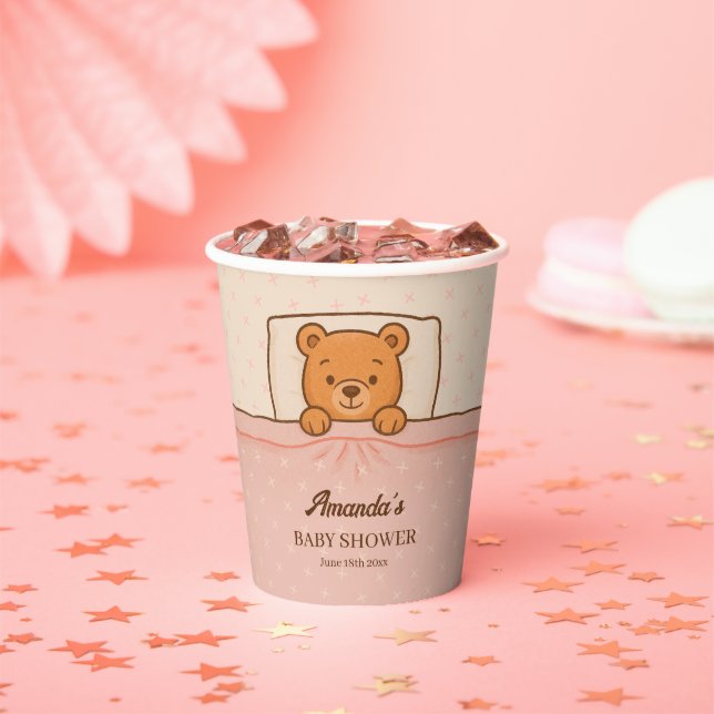 Vasos De Papel Sleepy Teddy Bear Light Baby Shower Rosa (in situ)