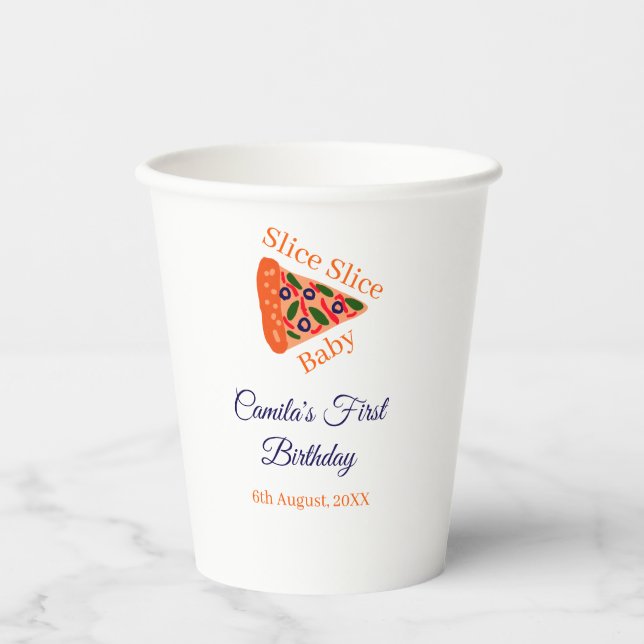 Vasos De Papel Slice Slice pizza bebé azul 1 cumpleaños (Anverso)