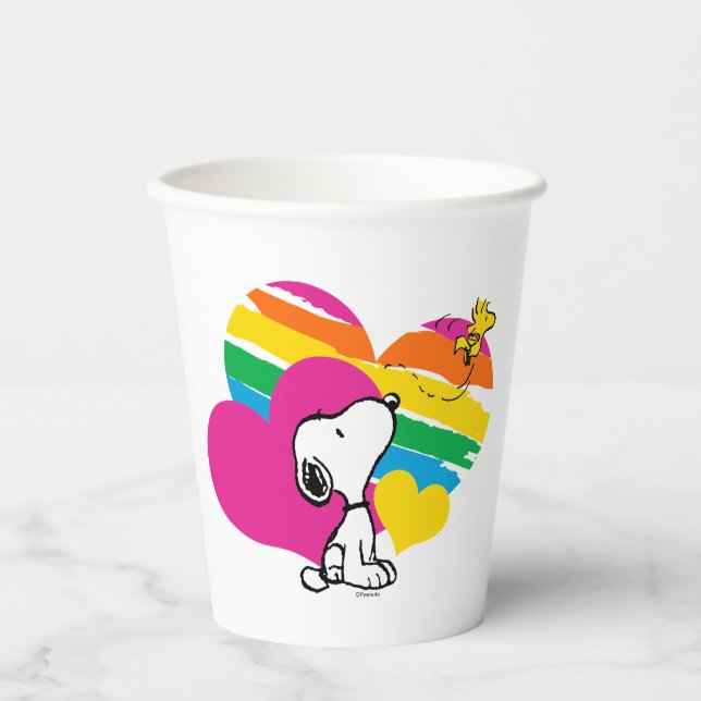 Vasos De Papel Snoopy y Woodstock | Corazones arcoiris (Anverso)