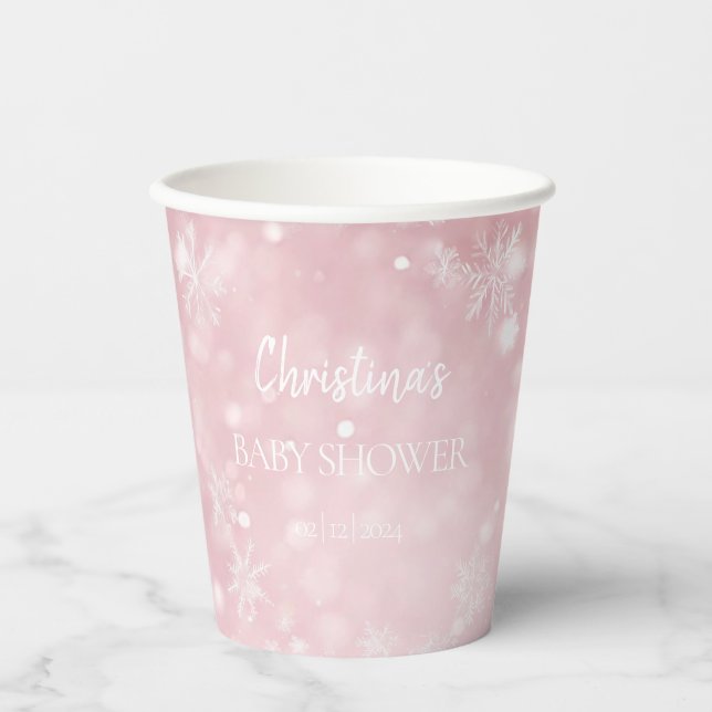 Vasos De Papel Snowflake Winter Wonderland Baby Shower Pink (Anverso)