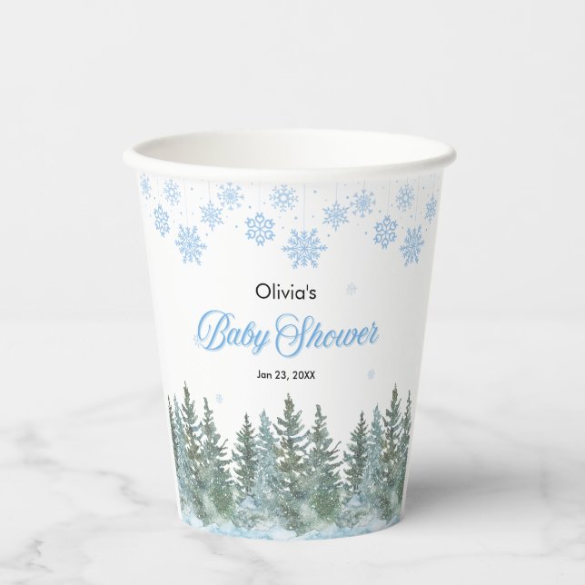 Vasos De Papel Snowflakes Pine Trees Winter Baby Shower  (Anverso)
