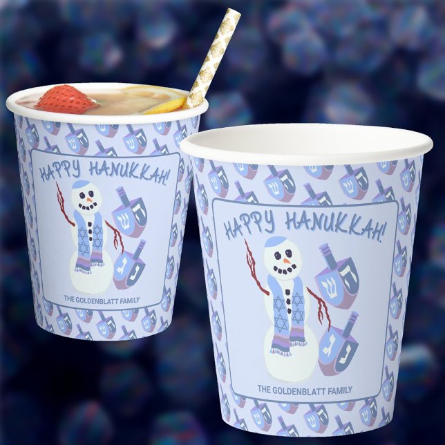 Vasos De Papel Snowman Dreidels Cute Blue Pattern Fiesta Hanukkah (Hanukkah paper cups with your personalized text will look so cute and make party cleanup a breeze )