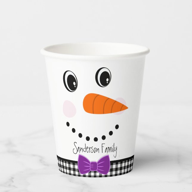 Vasos De Papel Snowman Face Purple Bowtie Búfalo negro (Anverso)