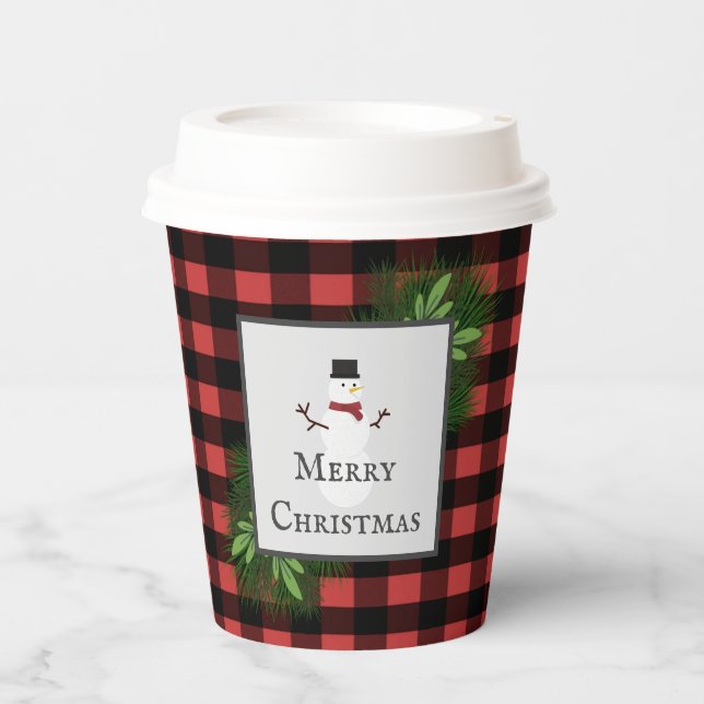 Vasos De Papel Snowman Red Buffalo Plaid Paper Cup (Anverso)