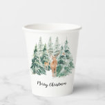 Vasos De Papel Snowowley Winter Woodland Deer Merry Christmas<br><div class="desc">Un hermoso paisaje acuático de invierno con ciervos y ladrones. Feliz Navidad en elegante caligrafía de escritura. El texto es personalizable.</div>