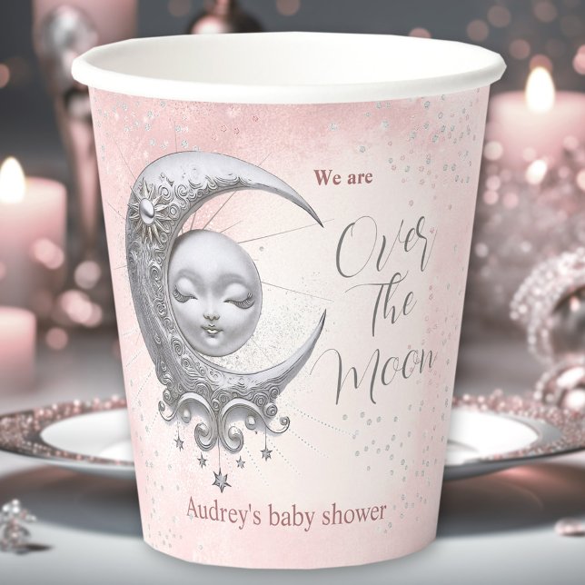 Vasos De Papel Sobre las tazas de papel Baby Shower del Chica ros (Over The Moon Pink Girl Baby Shower Paper Cups)