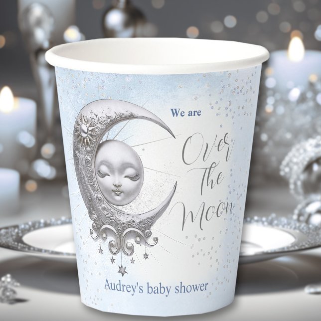 Vasos De Papel Sobre las tazas de papel de Baby Shower de Moon Bl (Over The Moon Blue Boy Baby Shower Paper Cups)