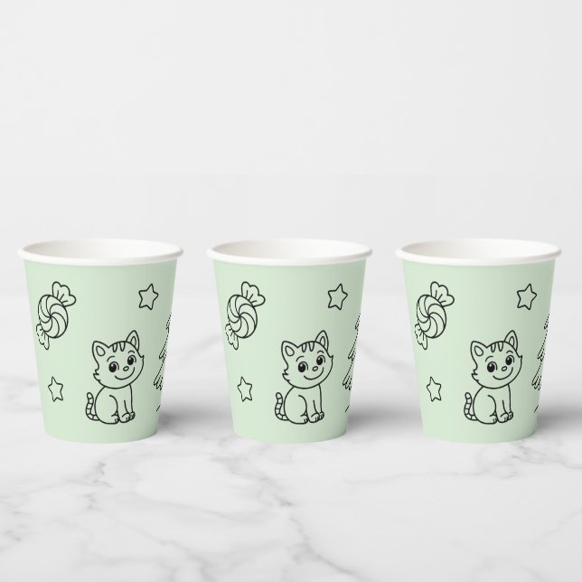 Vasos De Papel Soft Green Cute Girl and Cat Christmas Design (Multi)