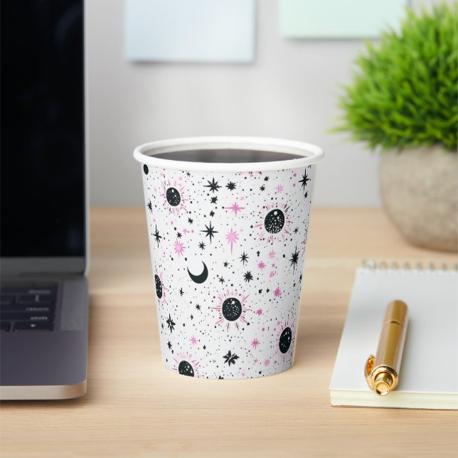 Vasos De Papel Sol Luna Estrellas Celestiales Negro y Rosa (in situ)