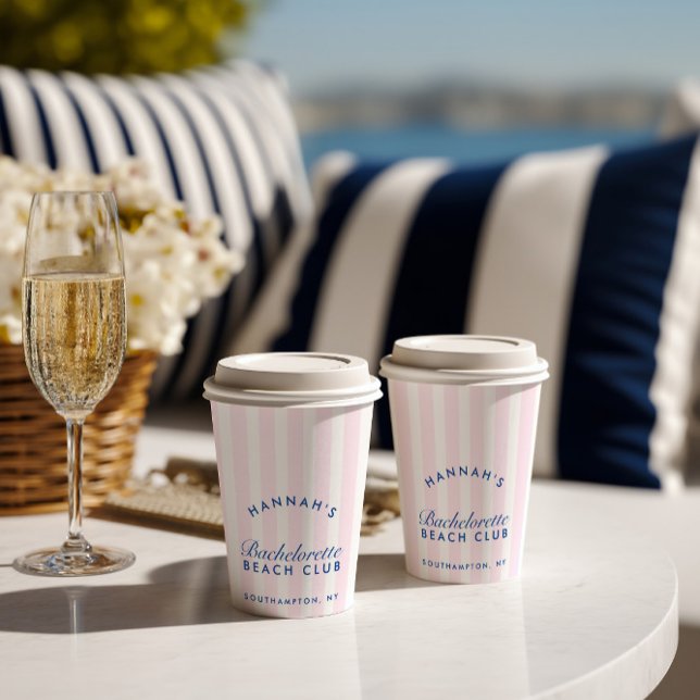 Vasos De Papel Soltera Retro Navy y Rayas Rosadas (Bachelorette Retro Navy & Pink Stripes Paper Cups)