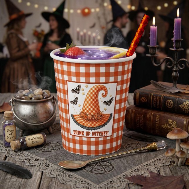 Vasos De Papel Sombrero de Bruja de Halloween de Gingham Naranja  (Subido por el creador)