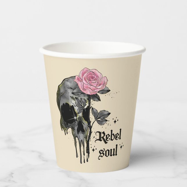 Vasos De Papel Soul Rebel - Calavera gótica con rosa rosado (Anverso)