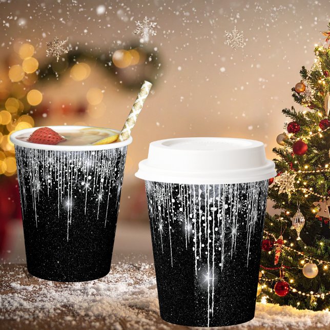 Vasos De Papel Sparkly Black and Silver Christmas New year Party  (Modern sparkly black and sparkly silver party paper cups with more matching party needs available)