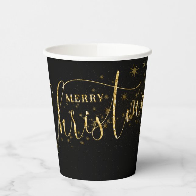 Vasos De Papel Sparkly Faux Gold Flake Feliz Navidad en negro (Izquierda)
