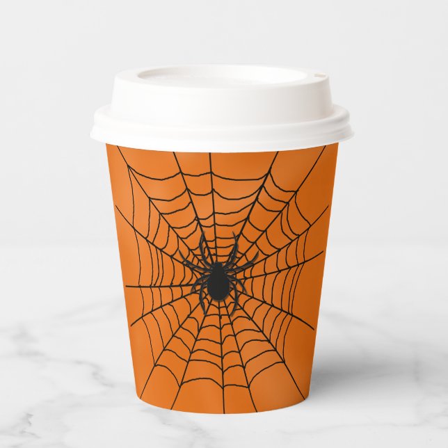 Vasos De Papel Spider Web con araña en papel de Halloween Naranja (Anverso)