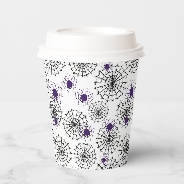 Vasos De Papel Spiderweb & Purple Spider Patrón blanco de Hallowe (Anverso)