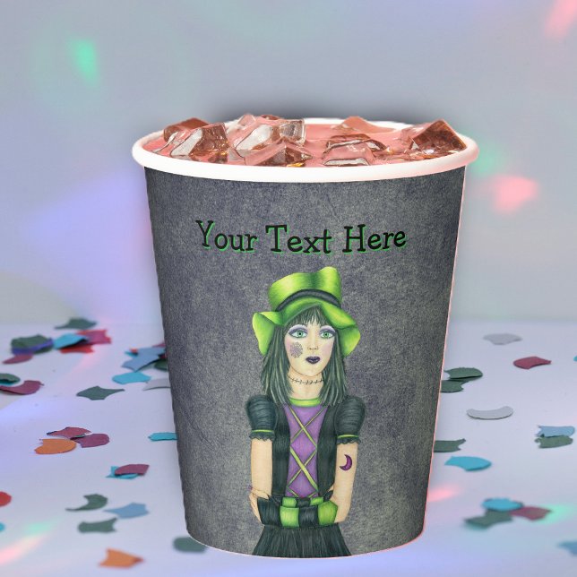 Vasos De Papel Spooky Gothic Girl Tattoos Green Hat Glowing Grey (Cute Goth girl green hat black and purple dress tattoos on grey paper party drink cup.)