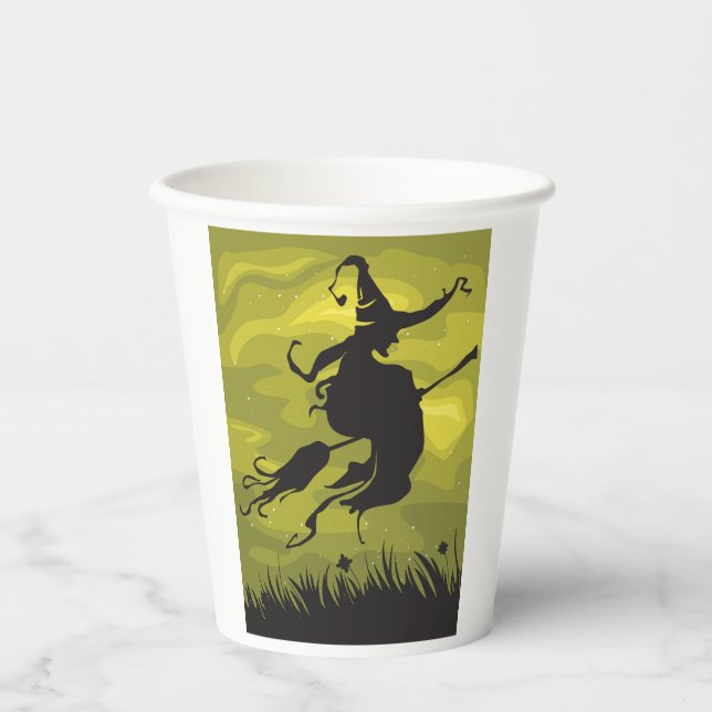 Vasos De Papel Spooky Halloween Witch Flying on Broomstick (Anverso)