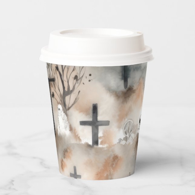 Vasos De Papel Spooky Watercolor Graveyard Halloween (Anverso)