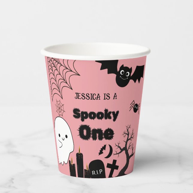 Vasos De Papel Sppoky rosa de Halloween Primera fiesta de cumplea (Anverso)