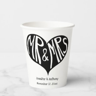 Vasos De Papel Sr. y Sra. Black and White Heart Shape Boda