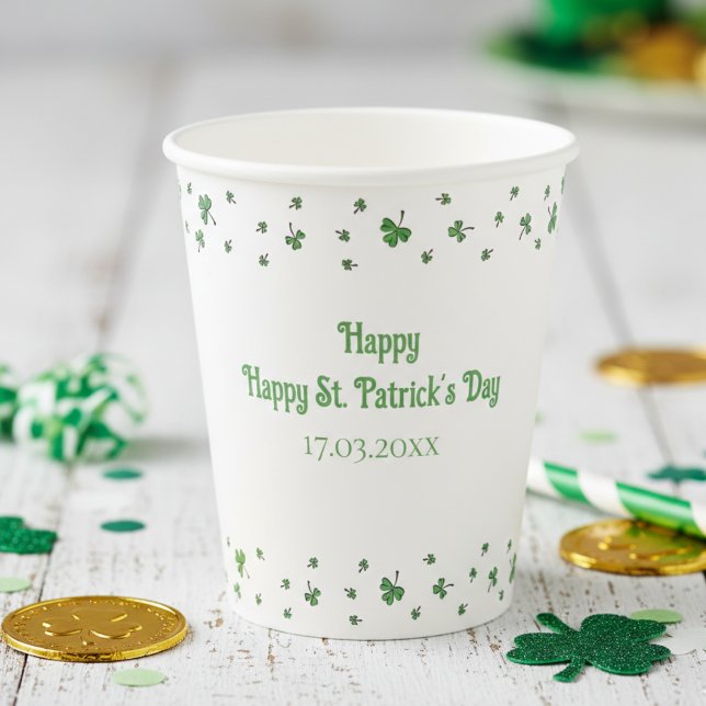 Vasos De Papel St. Patrick’s Day Shamrock Border Party (Cute Festive Simple Green Clover Saint Patrick's Day Paper Cups for St Patrick's Day or Irish Party)