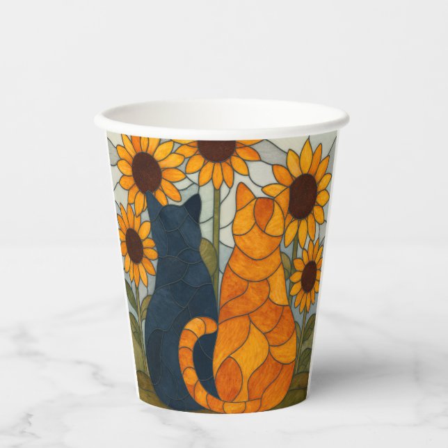 Vasos De Papel Stained Glass Cats and Sunflowers Art Design (Anverso)