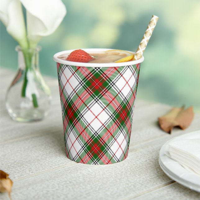 Vasos De Papel Stuart / Stewart tartan blanco rojo platillo verde (in situ)
