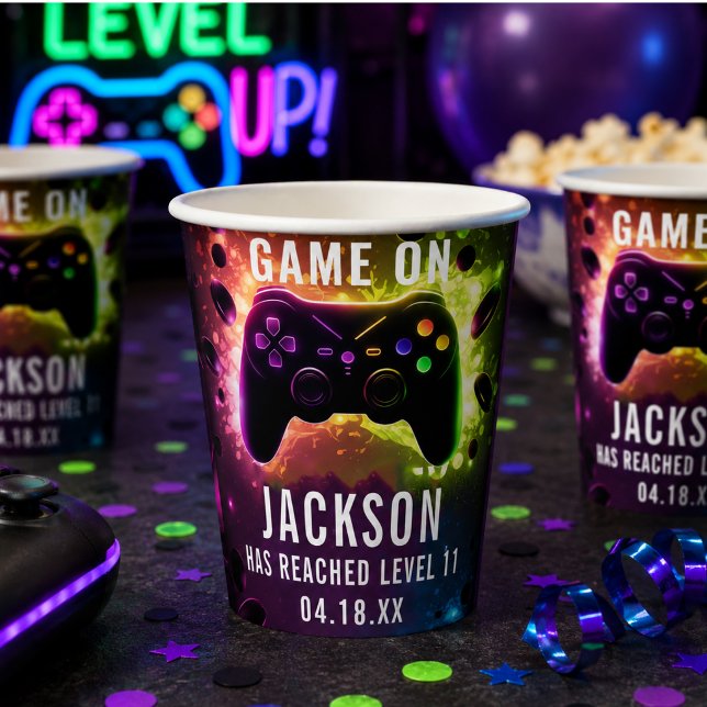 Vasos De Papel ¡Sube de Nivel! Fiesta de Cumpleaños de Videojuego (Level Up! Neon Video Game Birthday Party Paper Cups
)