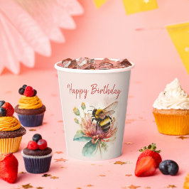 Vasos De Papel Summer Vibes Watercolor Bumblebee Feliz cumpleaños