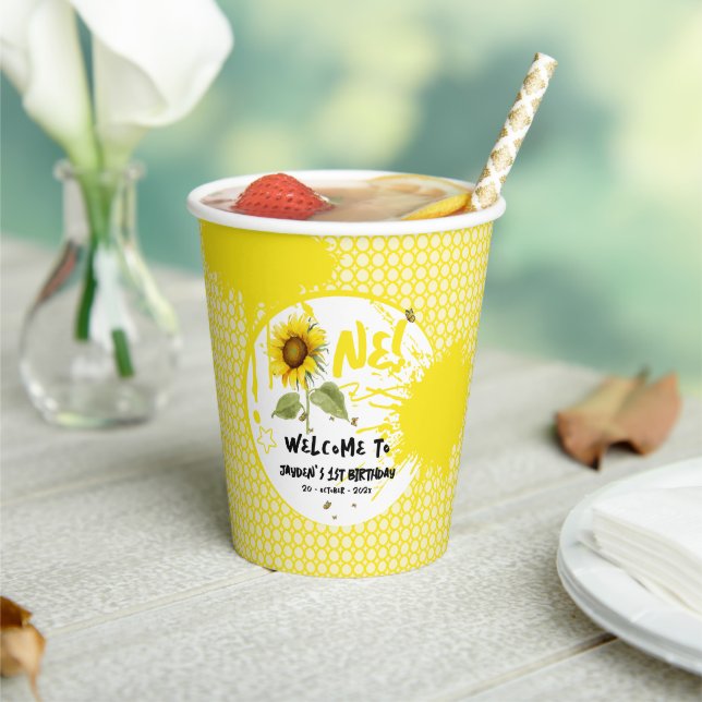 Vasos De Papel Sunflower acuarela con mariposas Primer cumpleaños (in situ)