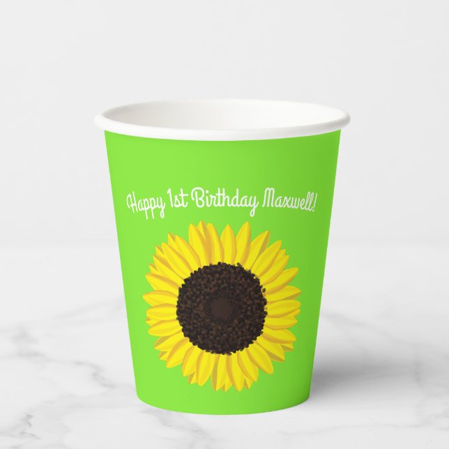 Vasos De Papel Sunflower Cute niños de primer cumpleaños (Anverso)