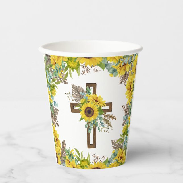 Vasos De Papel Sunflower Eucalyptus Palm Boho Cross Baptism (Anverso)