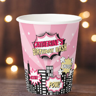 Vasos De Papel Superheroína Comic Style Chica Birday Pink