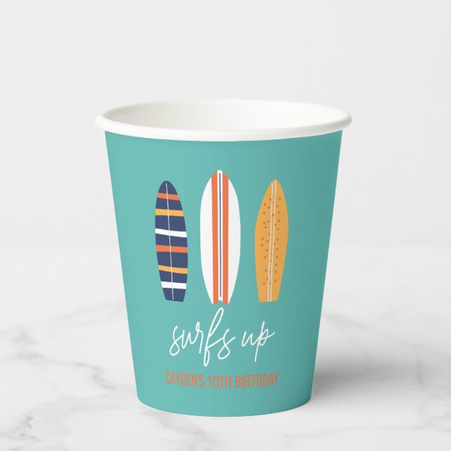 Vasos De Papel Surfs Up BOY Surfboard playa Fiesta de Cumpleaños (Anverso)