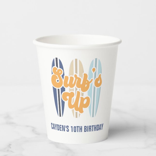 Vasos De Papel Surf's Up Tabla de Surf Cumpleaños en la Playa (Anverso)