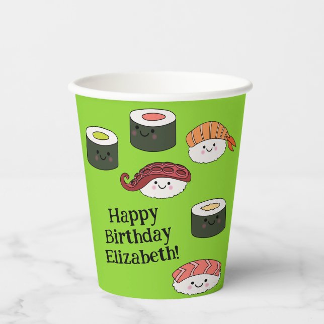 Vasos De Papel Sushi Personalizado Kawaii Cute Kids Fiesta de cum (Anverso)
